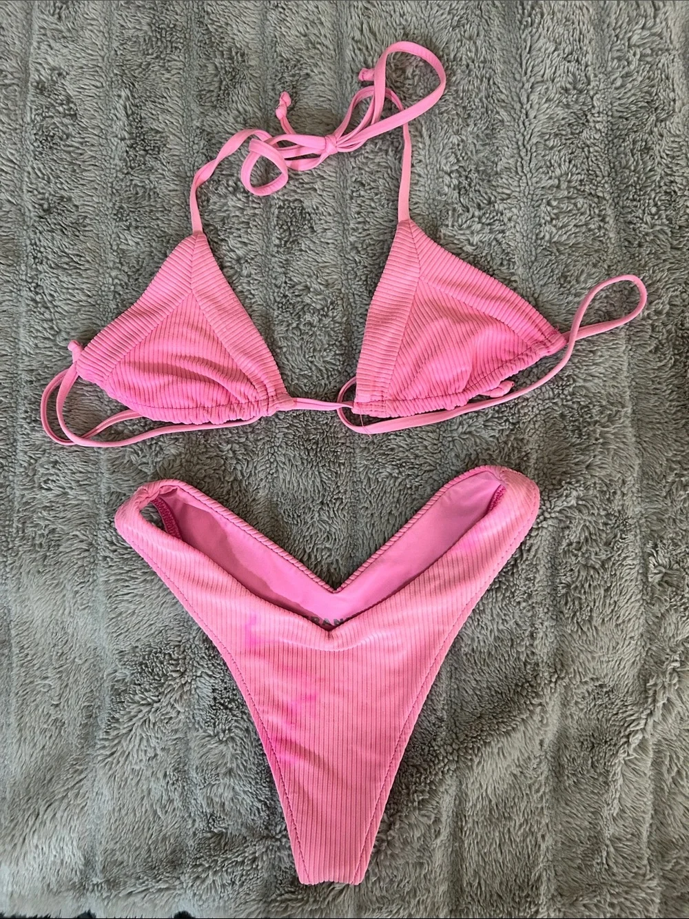 Frankie's Bikinis Pink Ribbed Triangle Top & V-V High Cut Bottom